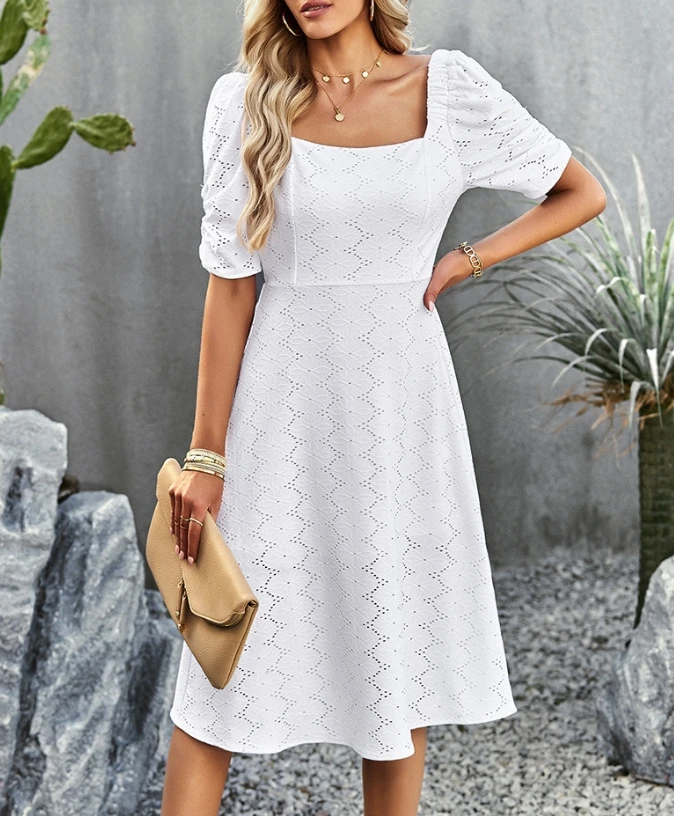 

Women's Dress Basic Elegant Summer Vacation Solid Color Eyelets Embroidery Square Neck Puff Short Sleeve High Waist Midi Dress