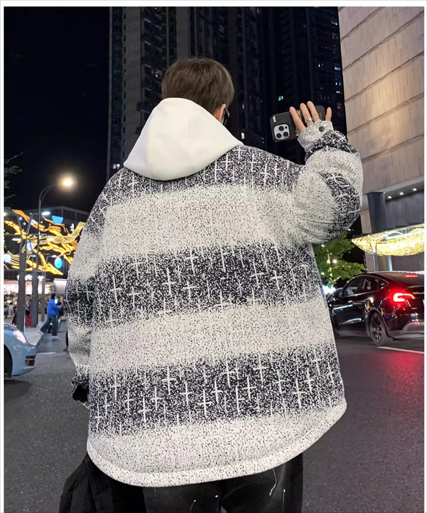 2025 Autumn Winter New Green Gradient Print Men's Jacket Gray Fleece Lined Thickened Fake Two-Piece Hooded Cotton Coat