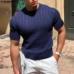 INCERUN Men T Shirt Solid Color O-neck Short Sleeve Summer Casual Male Tee Tops Fitness 2023 Streetwear Fashion Camisetas S-5XL