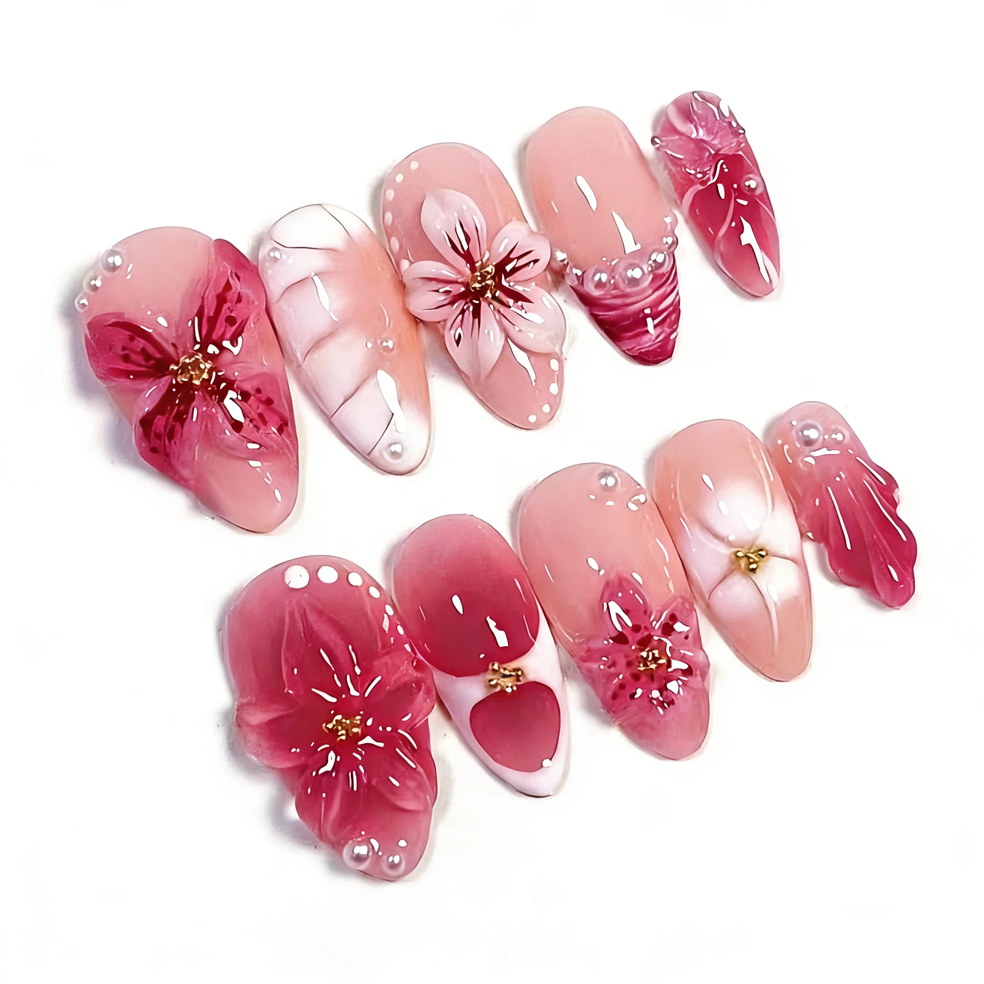 10/30pcs Pink Jelly Leopard Lily Flower Fake Nails 3D Glossy Full Cover Pearl French Five Petal Flower Charms Almond False Nails