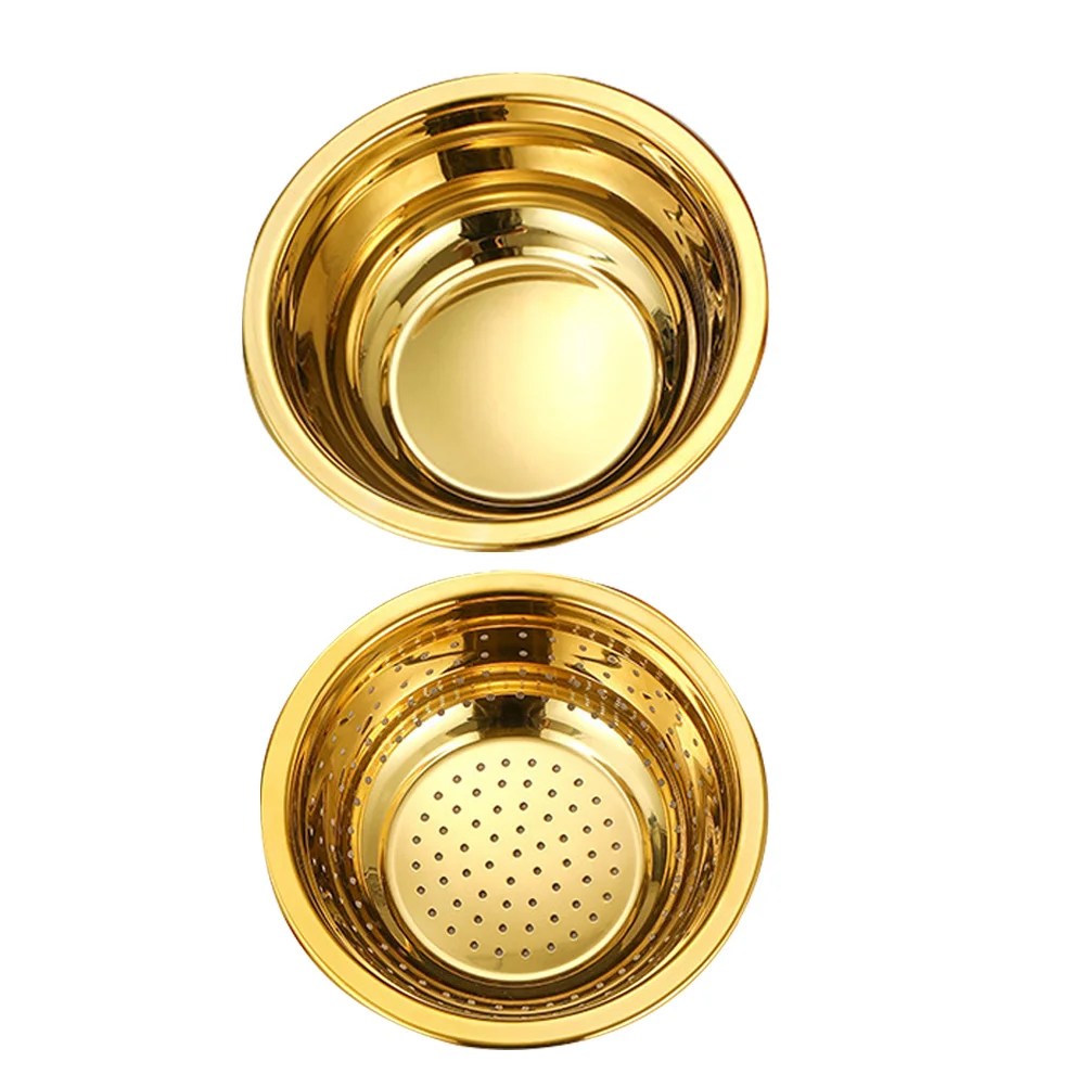 

1 set 18cm Golden Stainless Steel Colander with Bowl Drain Basket Sink Fruits Washing Sieve Food Strainer Kitchen Mesh Strainer