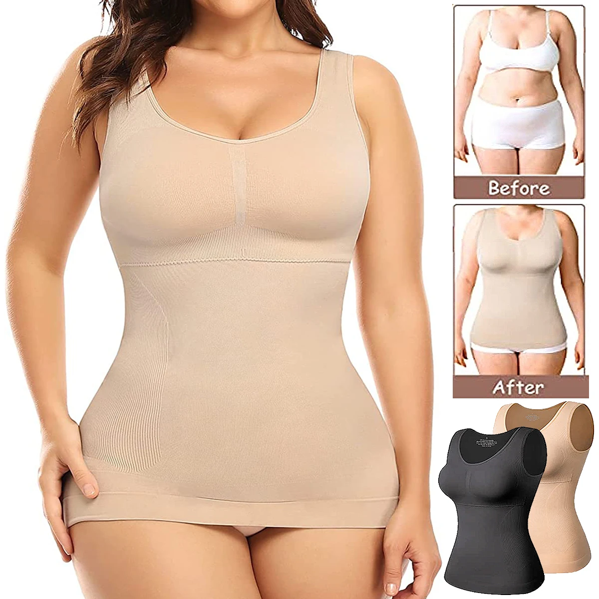 Plus rozmiar kobiety Shaper Cami z wbudowanym biustonoszem bielizna modelująca Tank Top kontrola brzucha Camisole damski podkoszulek kompresyjny wyszczuplający