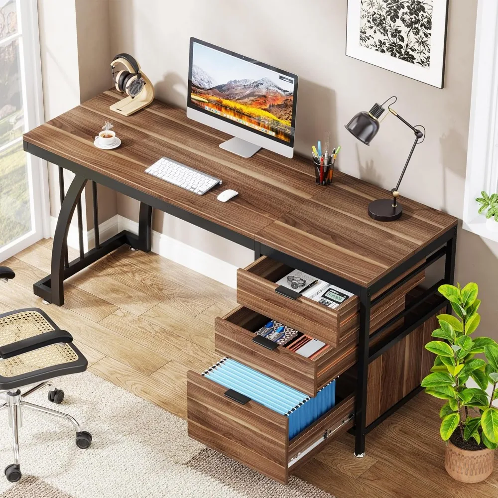 Computer Desk with 3 Drawers, 59-Inch PC Desk with Reversible Drawers, Industrial Study Writing Table Workstation
