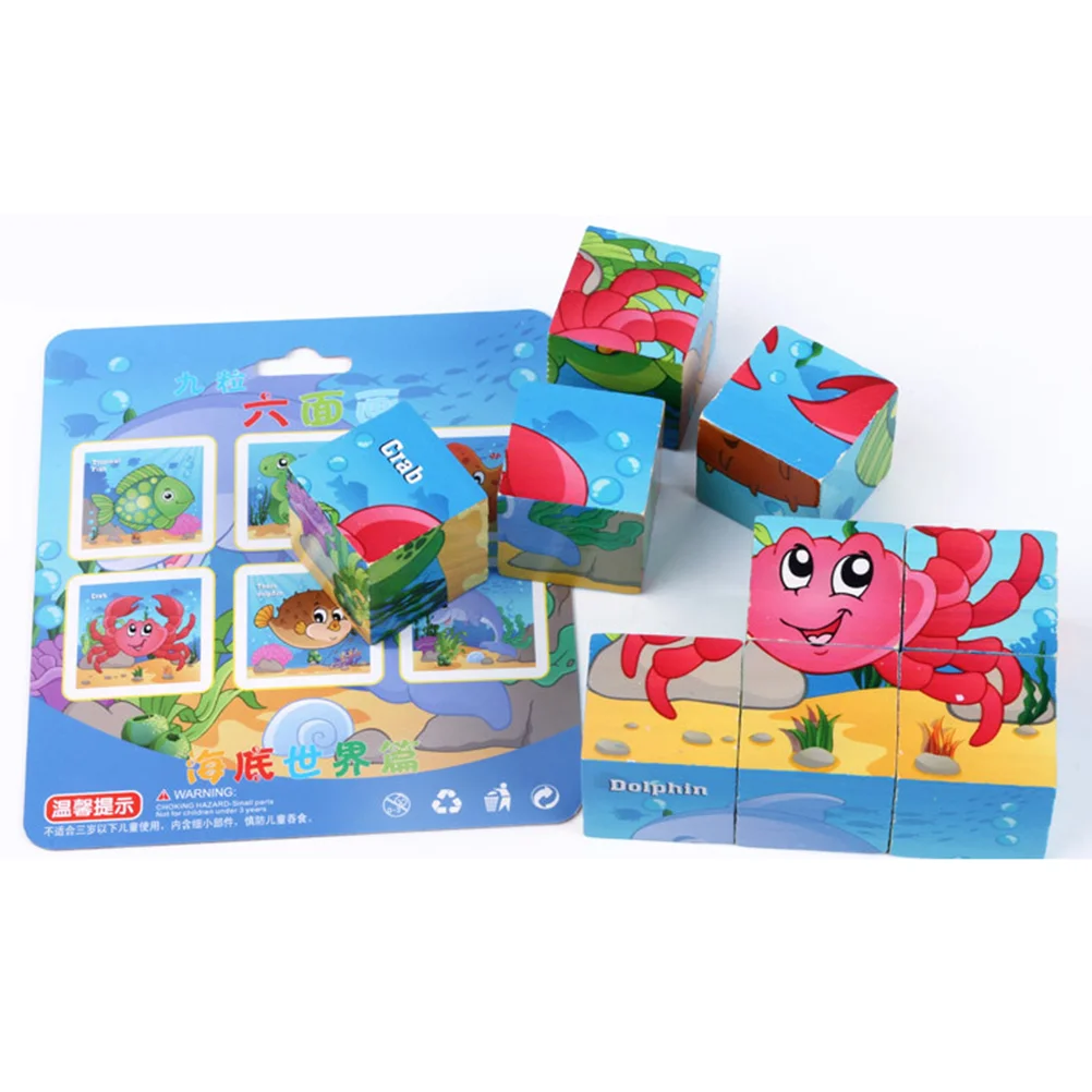 1 Set Six-sided Drawing Puzzle Jigsaw 3D Wooden Building Block Puzzle Toy Cartoon Patterns Puzzle Game Early Educational Toy for