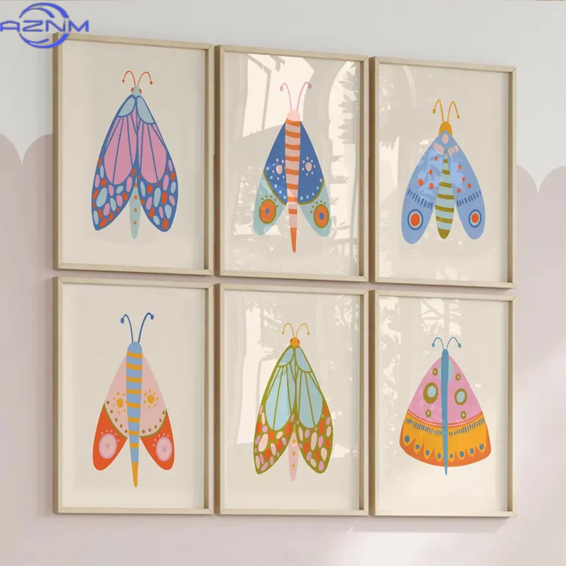 Set of 6pcs, Wall Decor, Retro Posters, Whimsical Butterfly Art Prints, Adorable Insect Canvas Artworks, Distinctive And Imagina