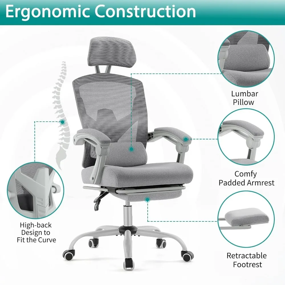 Desk Chair with Footrest, High-Back Mesh Rolling Swivel Reclining Chairs with Wheels, Comfortable Headrest, Lumbar Support