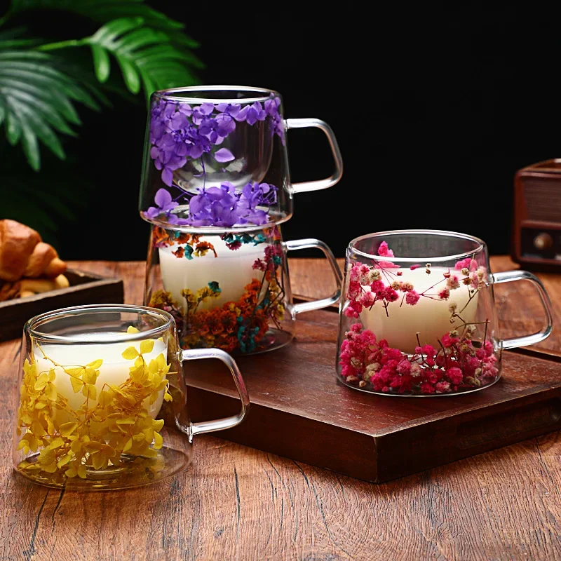 Petal quicksand coffee cup high appearance level dried flower real flower double creative drink milk glass