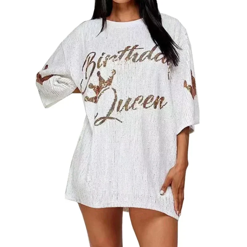 

Summer New Streetwear Hip Hop Women Clothing T-Shirt Loose Short Sleeved Personality Round Neck Night Club Letter Sequined Top