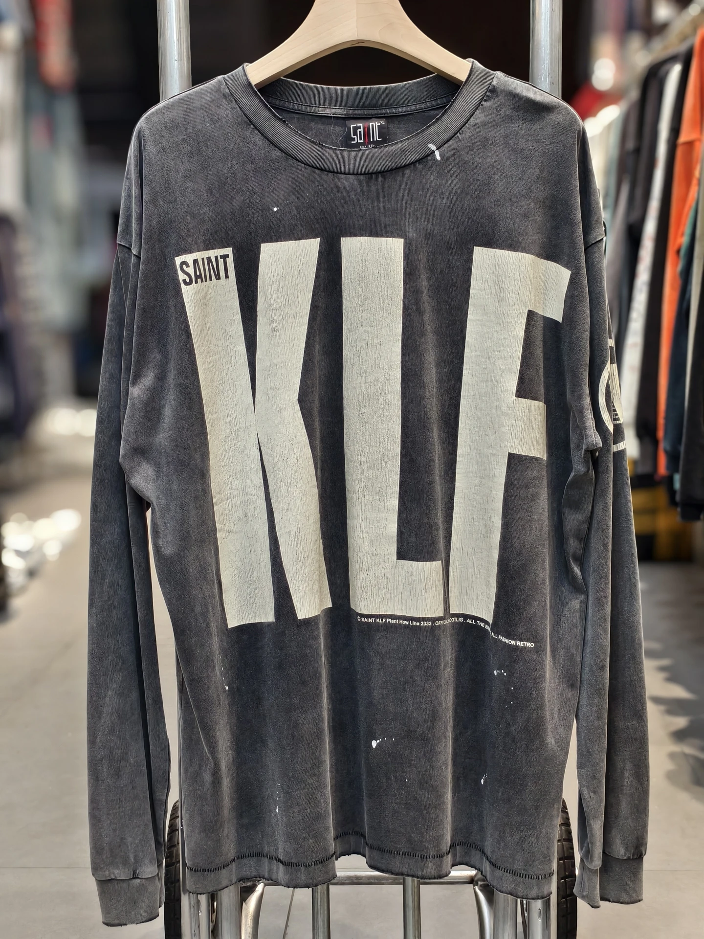 

KLF Collaborative Vintage Waed Loose Long Sve Base T-irt ex Trendy American High Street Cotton round Ne Tee