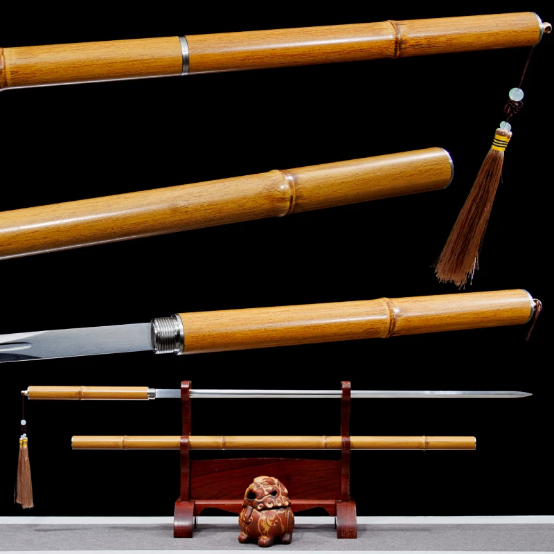 Bastón de Bambú Amarillo de 112 cm con Espada Integrada, Hoja de Acero con Alto Contenido de Carbono, Espadas de Entrenamiento, Katana Samurai Dragón, Decoración para el Hogar