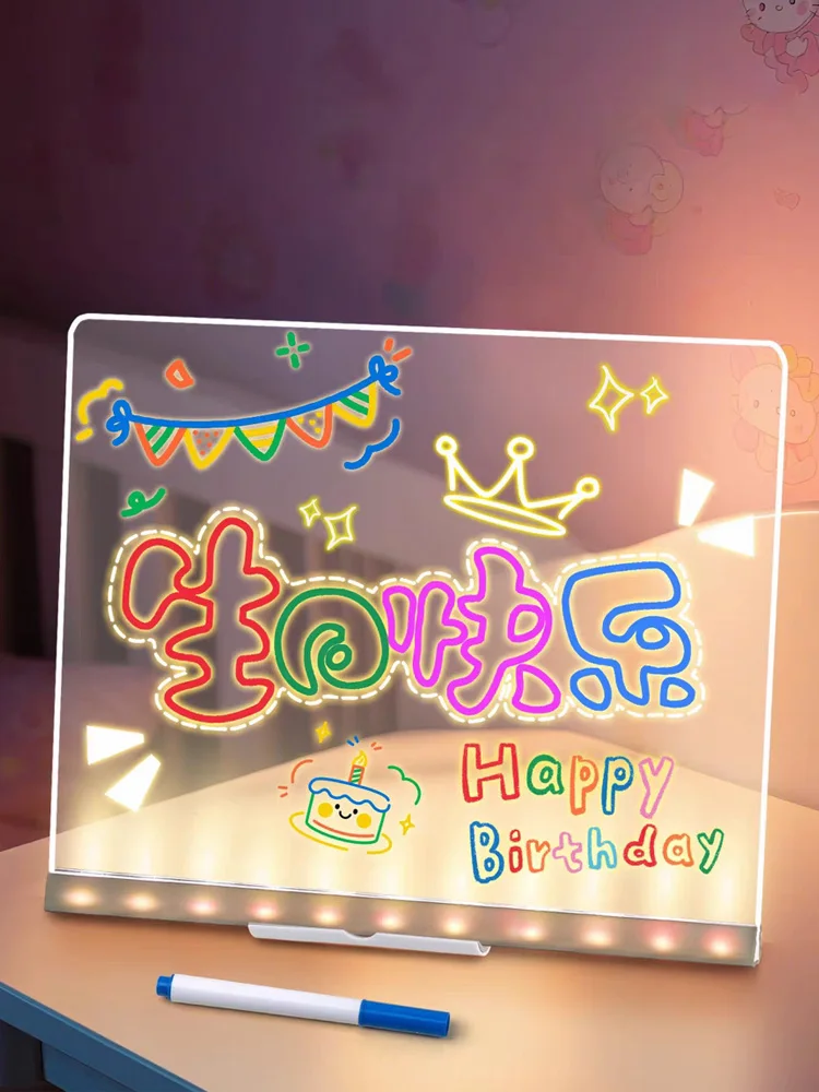 Planche à messages en acrylique éclairée, réinscriptible, bricolage, planche à dessin lumineuse pour enfants, lampe à messages avec 7 stylos colorés
