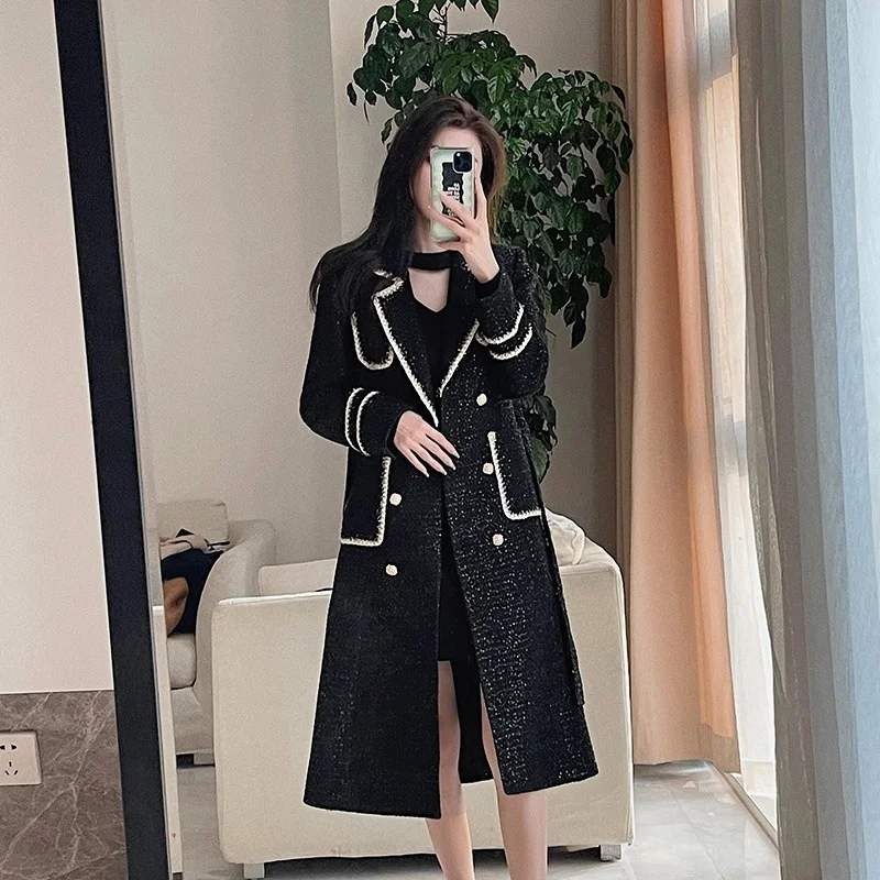 

New Winter Women's Lapel Heavy Industry Stitching Double-Breasted Long Windbreaker Jacket Black Party Trench
