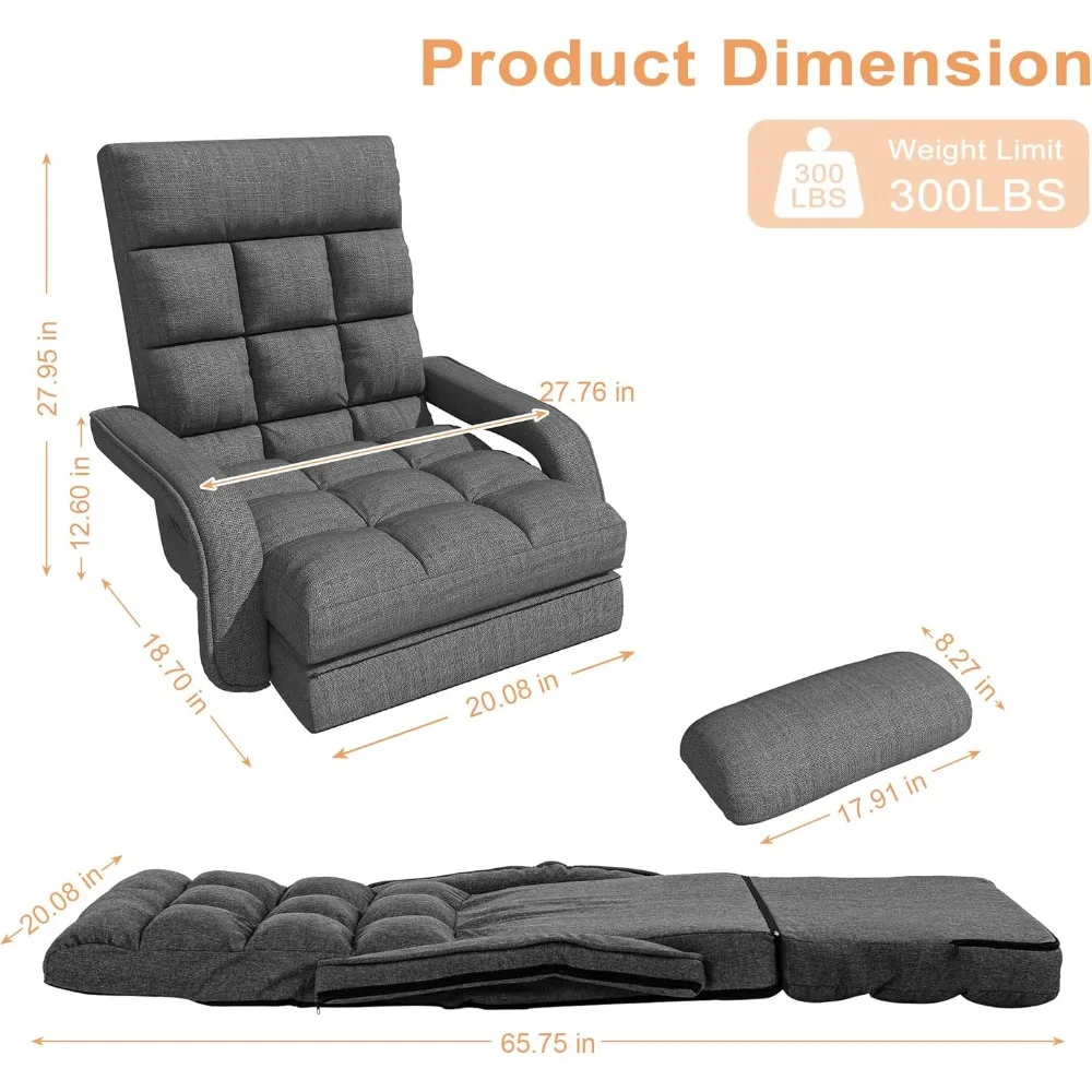 Adjustable Floor Gaming Chair for Adults, 6-Position Chaise Lounge Chair with Meditation Arm, Foldable Lazy Sofa with Pillow