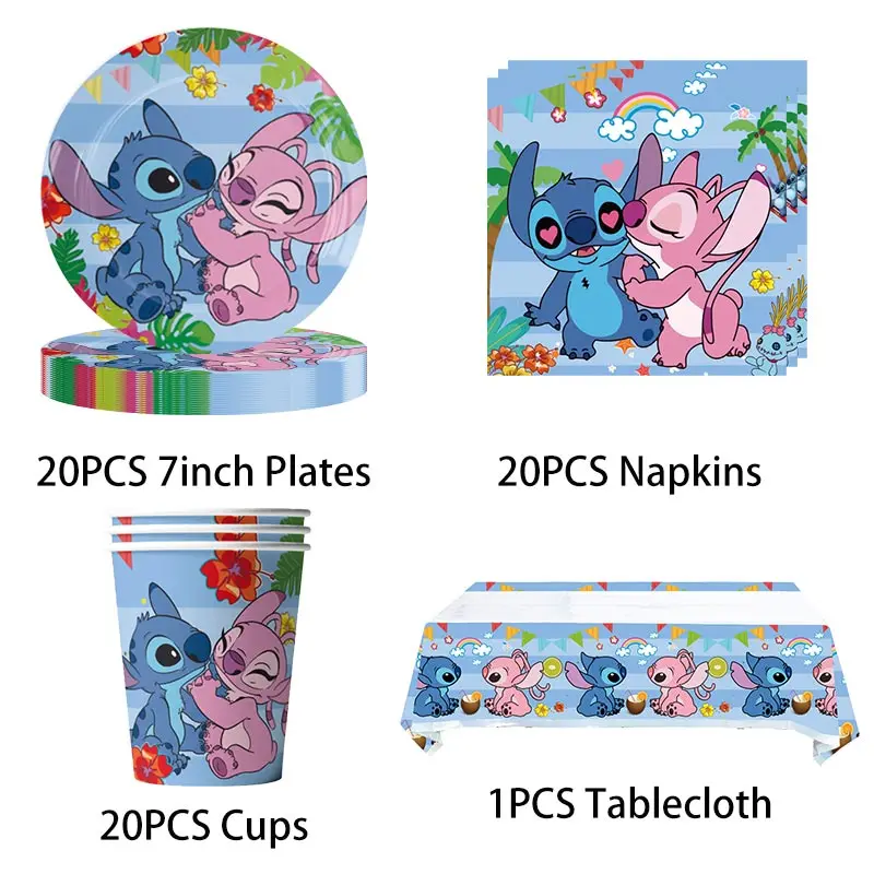 Disney Lilo Stitch Geburtstag Party Dekoration Kinder Stitch Thema Geschirr Set Engel Luftballons Happy Banner Zubehör für Mädchen zugunsten