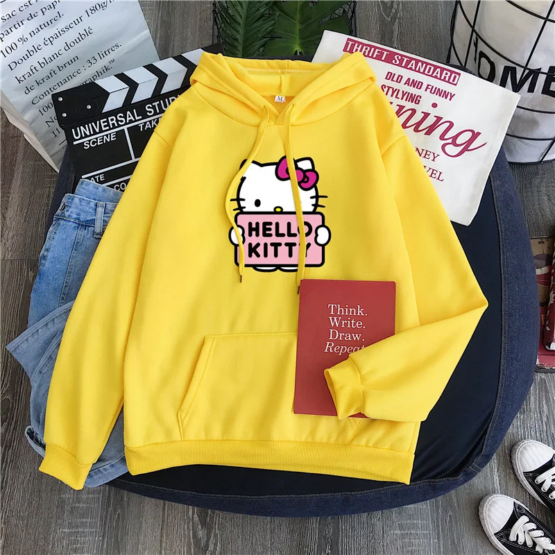 2024 New Casual Women\'s Sweatshirts Sanrio Hello Kitty Kawaii Tops for Women Cute Hoodies Fashion Harajuku Long Sleeves Plus Siz