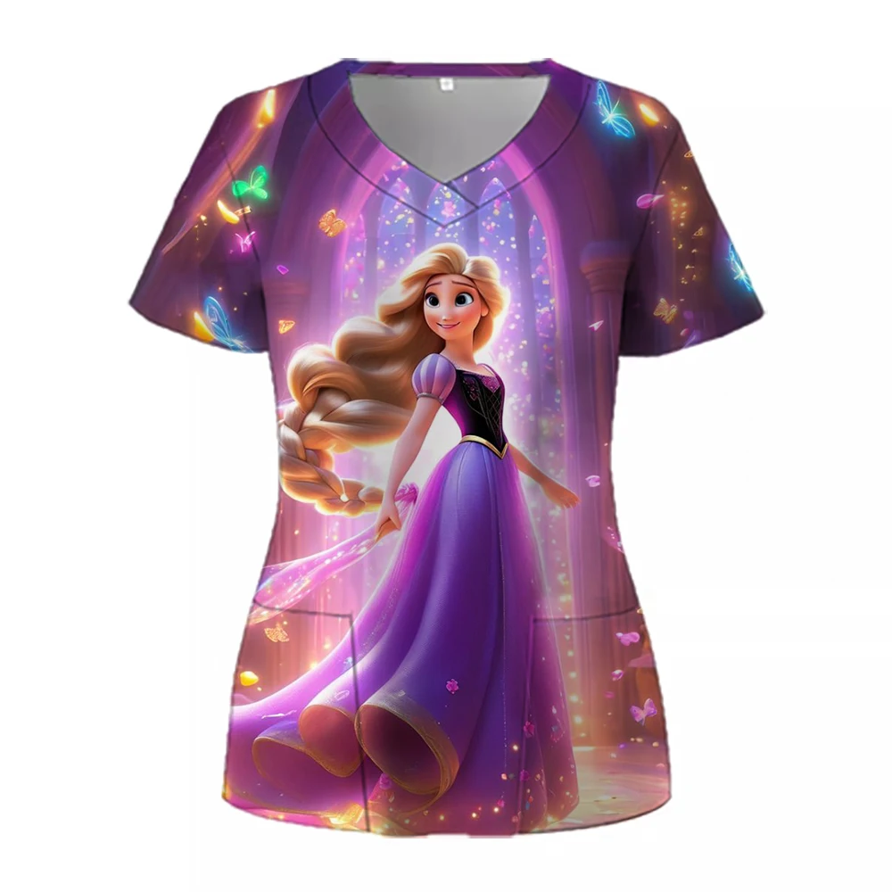 Women Working Uniform Disney Princess Print Frozen Elsa Short Sleeve V-neck Tops Femme Blouse Nurse work wear Medical Uniforms