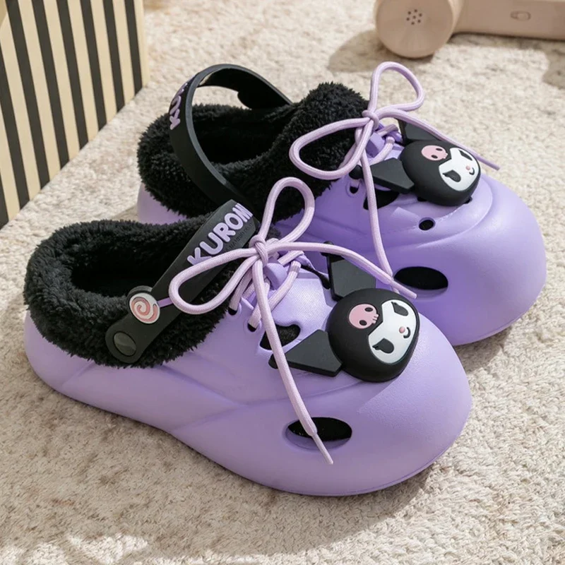 Genuine Sanrio Kuromi Hello Kitty Plush Slippers My Melody Warm Winter Indoor Slippers Flat Casual Non-slip Girl Home Shoes