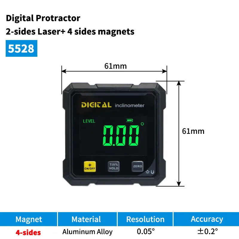 SHAHE Oplaadbare digitale hoekzoeker met dubbele laser - 4-zijdige magnetische inclinometer Houtbewerking Meetinstrument Niveaukast - afbeelding 1