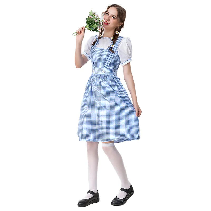 

Adult Cosplay Pastoral Style Blue Lattice Farm Dress Stage Performance Costume