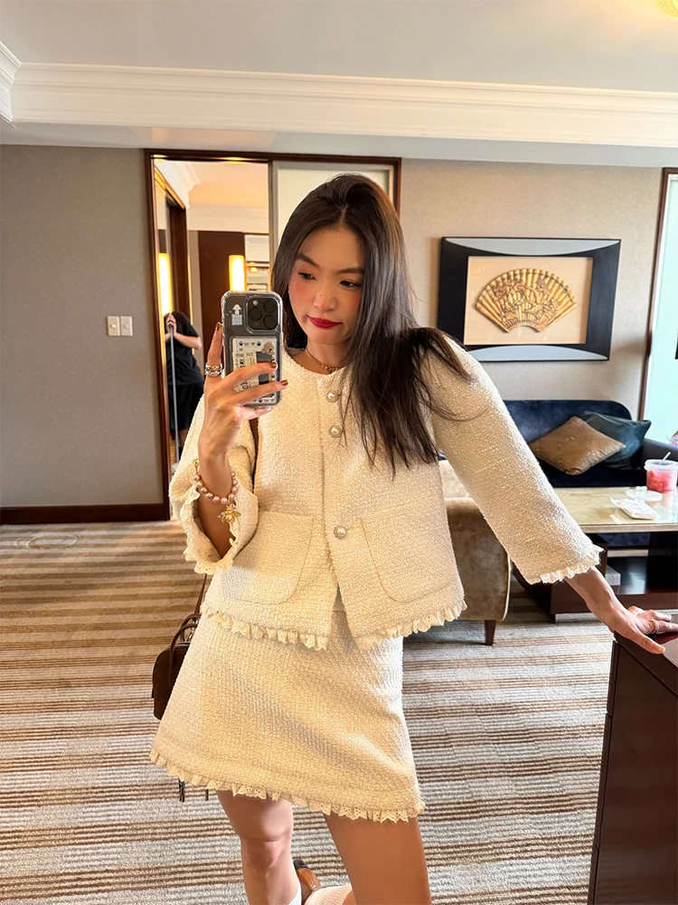 

Chic Lace Splice Two-Piece Set Women's Early Autumn Outfit Fragrant Style Skirt Jacket Combo Long Sleeve round Neck Butt...