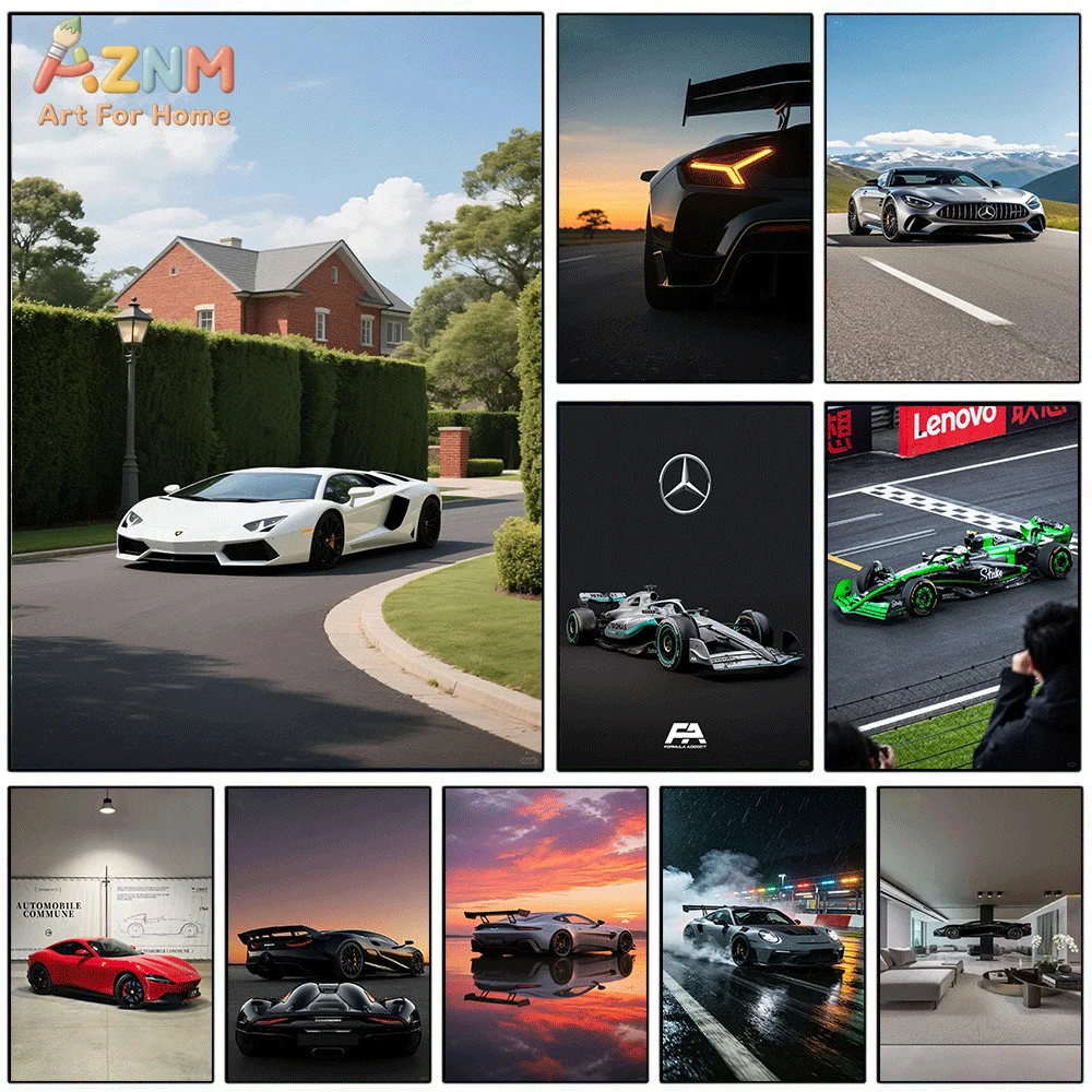 AZNM - Lienzo Decorativo de Lujo con Diseño de Superdeportivos: Lamborghini, Mercedes, Ferrari, Carreras de F1, Atardecer, Calle Lluviosa, Paisaje de Villa, Impresión HD