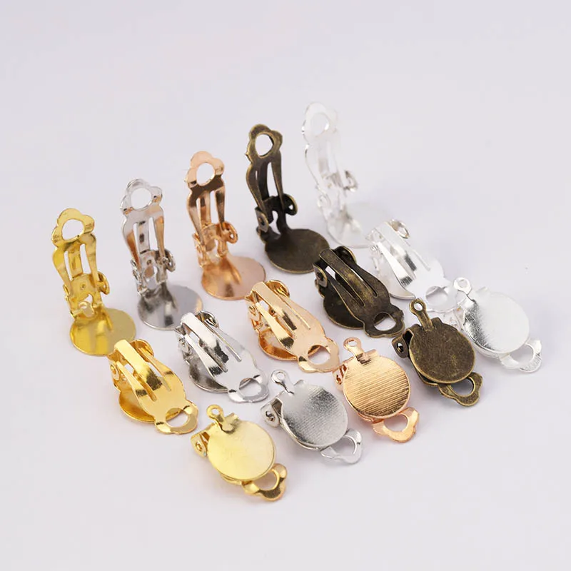 50pcs Ear Clips Earrings Metal Blank Setting Base Colors Plated Iron Fit 10mm Glass Cabochons DIY Components Findings Wholesale