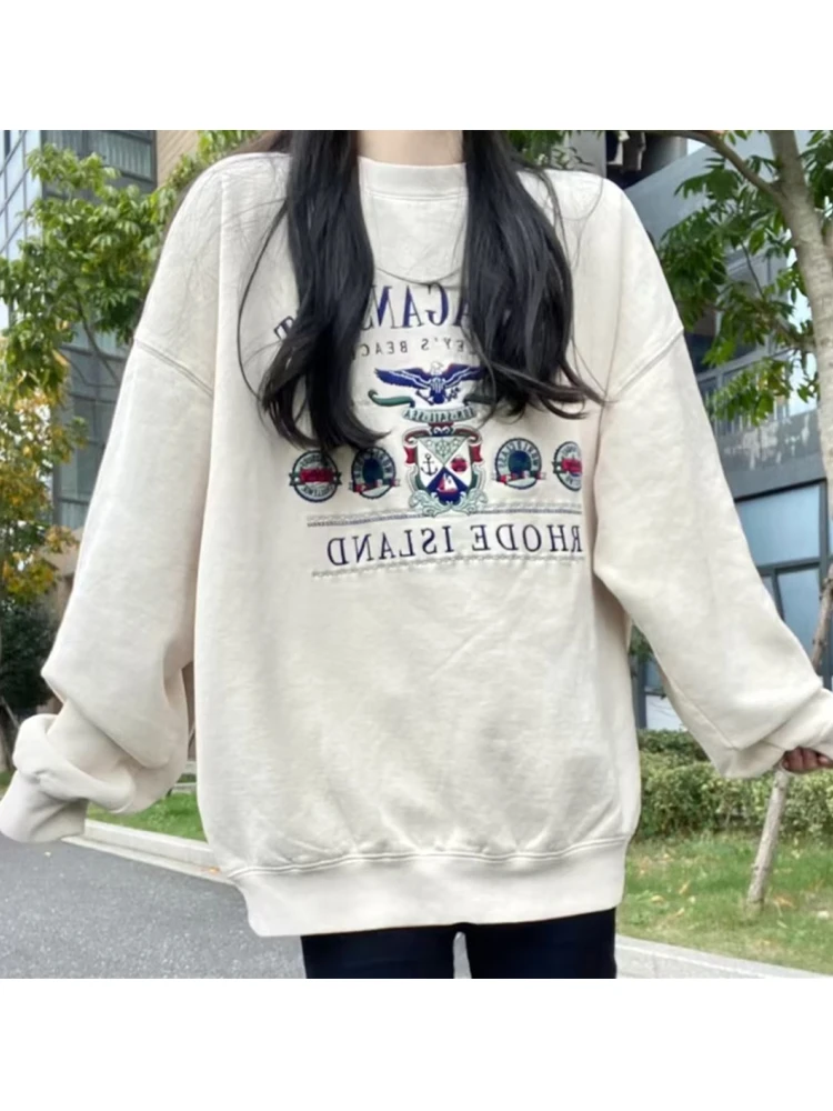 Casual Women Soft Cotton Beige Eagle Embroidery Sweaters 2023 Summer Vintage O Neck Long Sleeves Female Chic Pullovers