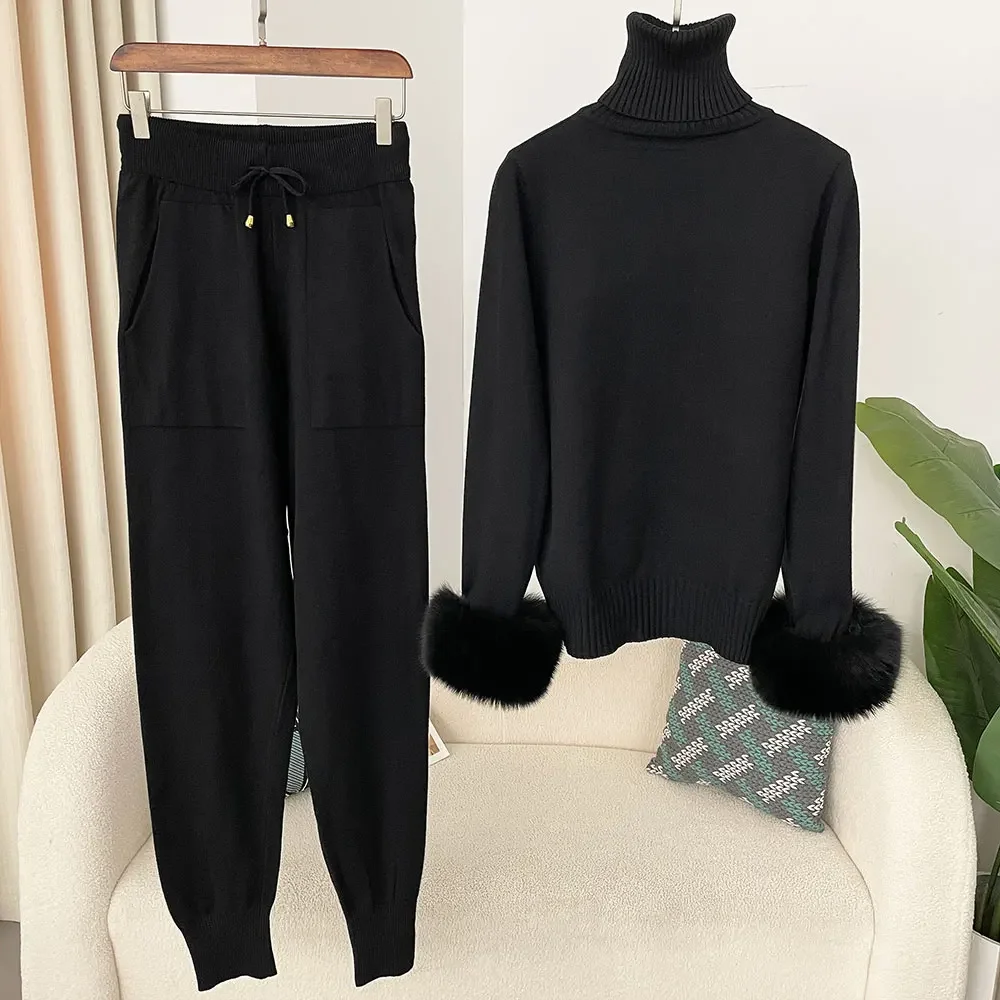 Długie spodnie Zestaw Kurtka Sweter 2024 Nowa moda Jesień Zima Sweter z dzianiny Kobiety Gruby Ciepły Prawdziwe futro lisa Płaszcz damski
