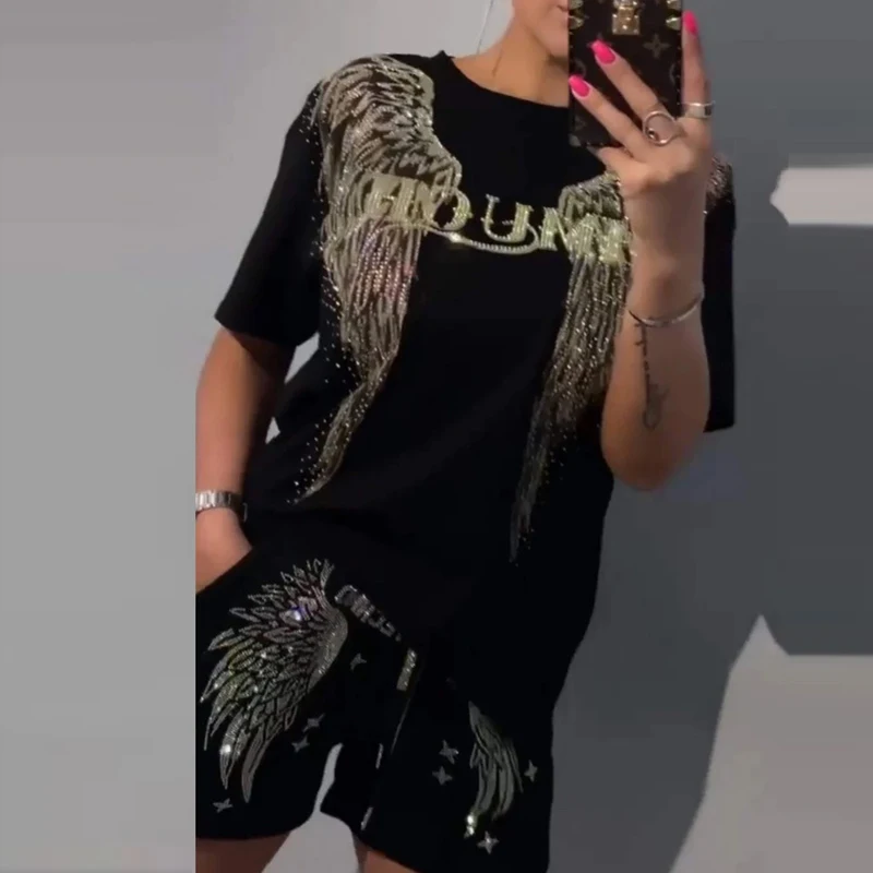 

Sexy Diamond Printed Short Sets for Women 2 Pieces Spring Round Neck T-shirt and Lace-up Shorts Suit Summer Short Sleeve Outfits
