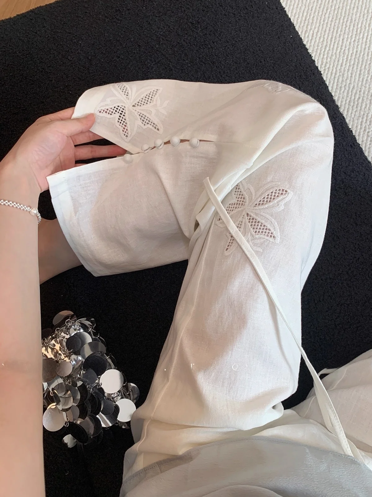 

Embroidered Loose Casual Linen Wide Leg Pants Women's High Waist Straight Leg Trousers Thin Summer Long Pants No Tag Needed