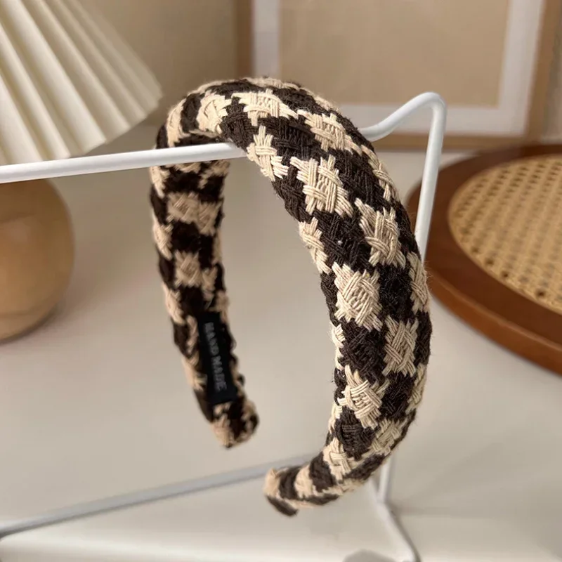 Minar 2024 New Fashion Multi Designs Brown Color Plaid Hairbands for Women Pleated Cotton Wide Brimmed Headband Hair Accessories