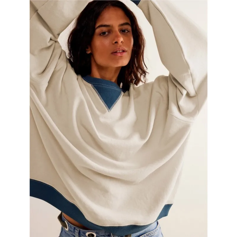 Fashion Contrasting Color Womens Hoodies 2025 Spring Loose Casual Long Sleeve O-neck Pullover Tops For Women Trendy Streetwear