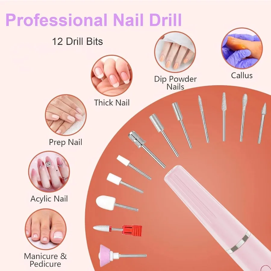 Kit trapano per unghie professionale per lima per unghie elettrica per uso domestico in salone Lima per unghie elettrica portatile senza fili con punte multiple