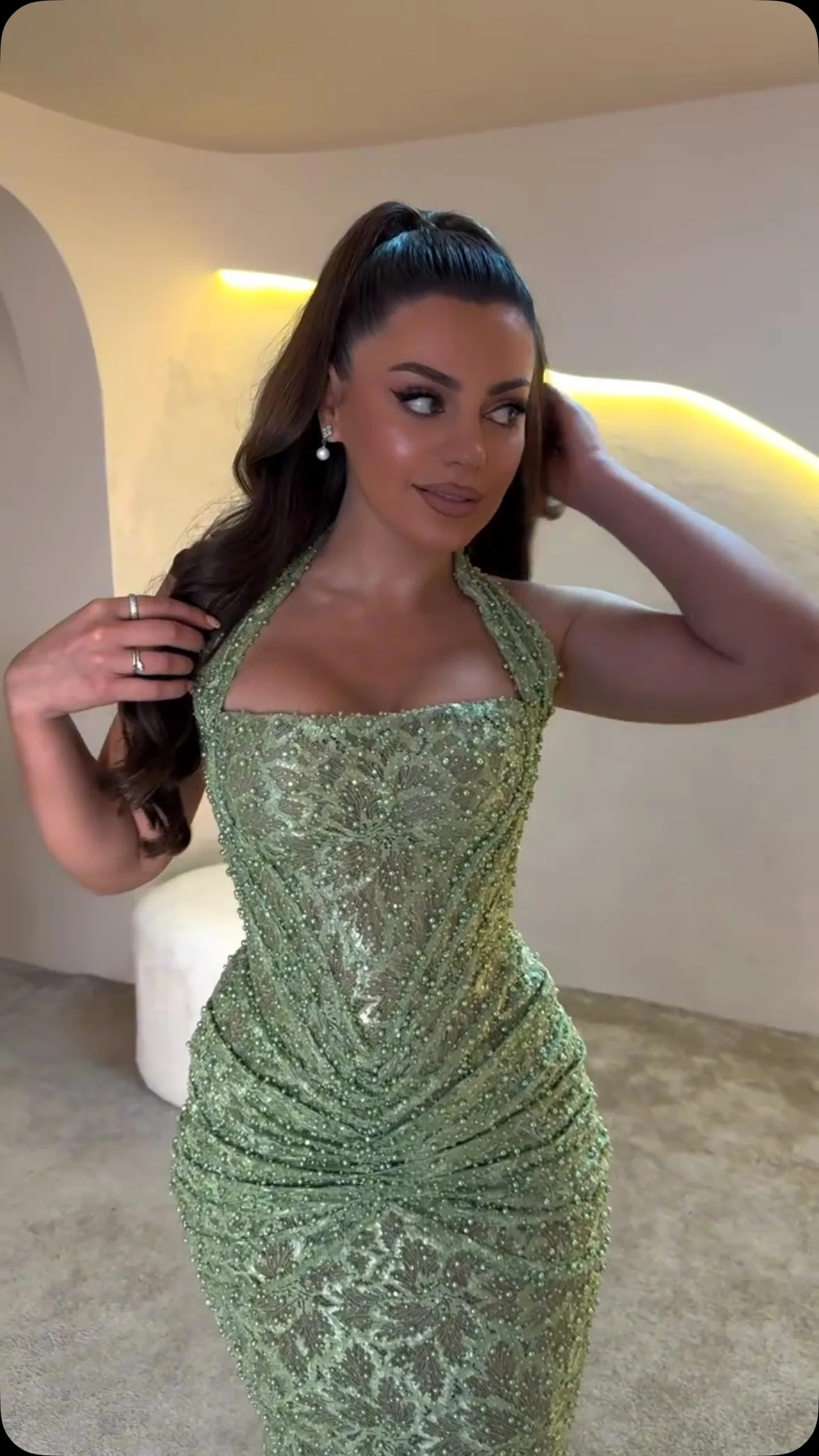 Amanda Customized Light Green Halter Neck Beaded Mermaid Formal Evening Prom Dress vestidos de noche 2026 New Arrival Style