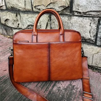 Vintage Zwarte Koffie Bruine Volkoren Groente Gelooid Echt Lederen Mannen Aktetas A4 Messenger Bag Portfolio Highend M6386