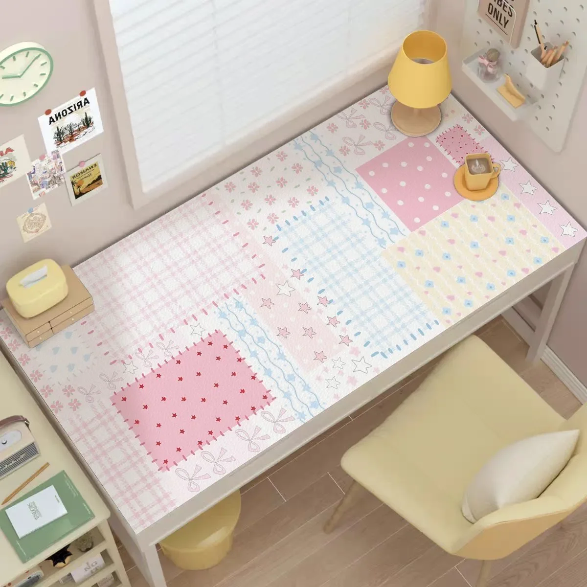Leather Desk Pad Protector Fruit Grid Strawberry Pink Girl Mouse Pad Office Desk Mat Waterproof Non-Slip PU Desk Blotter Pad