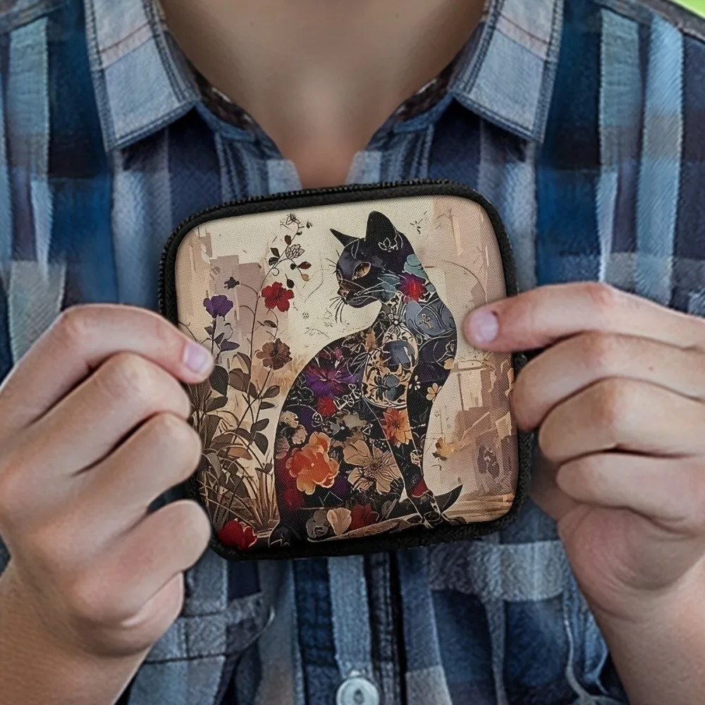 Durable Mini Coin Purse Cat Print Lightweight Earphone Bag Portable Artificial Leather Wallet Friends Gift