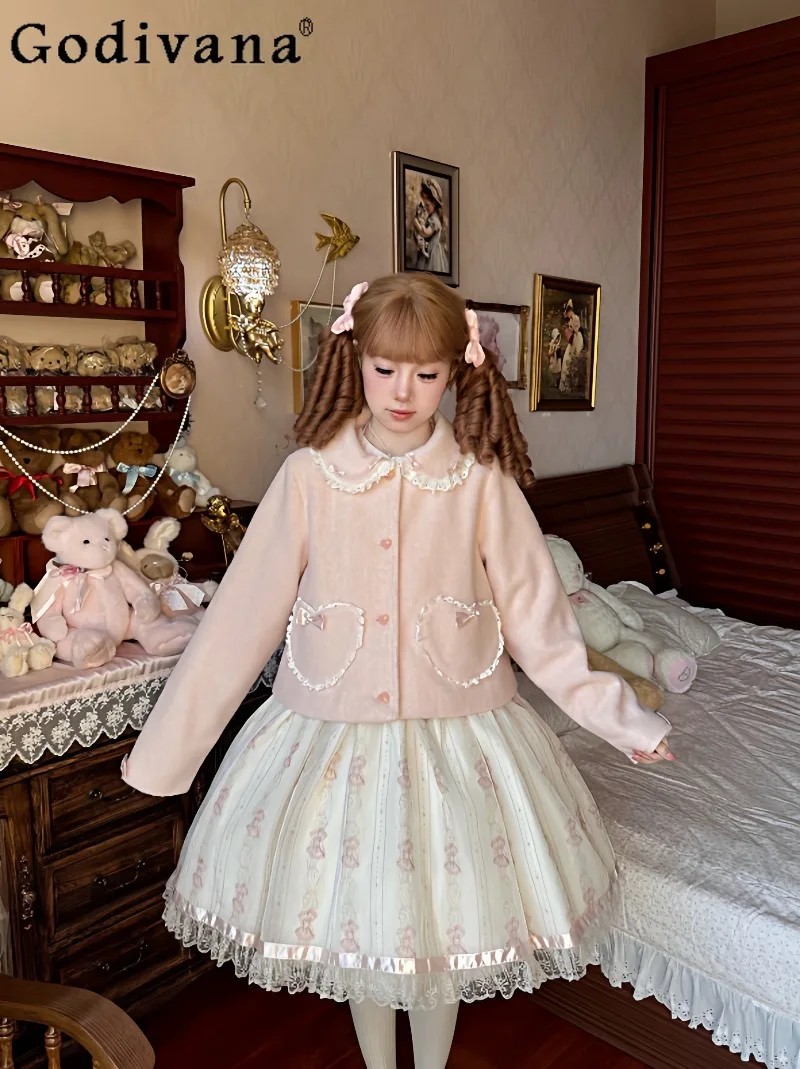

Winter Lolita Japanese Original Short Woolen Coat Cute Doll Collar Doll Feel Top Warm Coat for Women