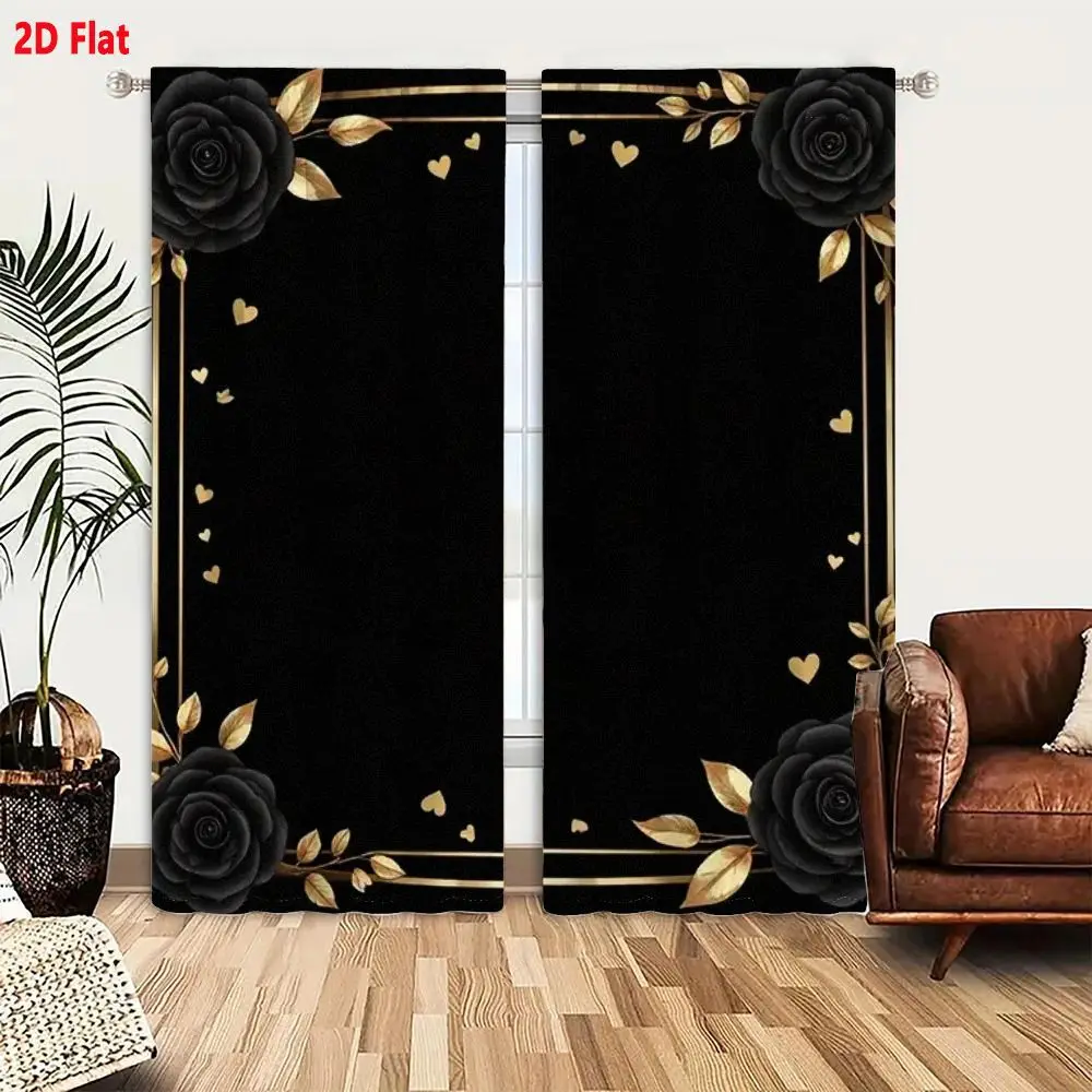 2Pcs Curtains 2D Flat Black Background With Decorative Border Of Four Black Roses Two At Top Bottom Corners Golden Leaves And Go