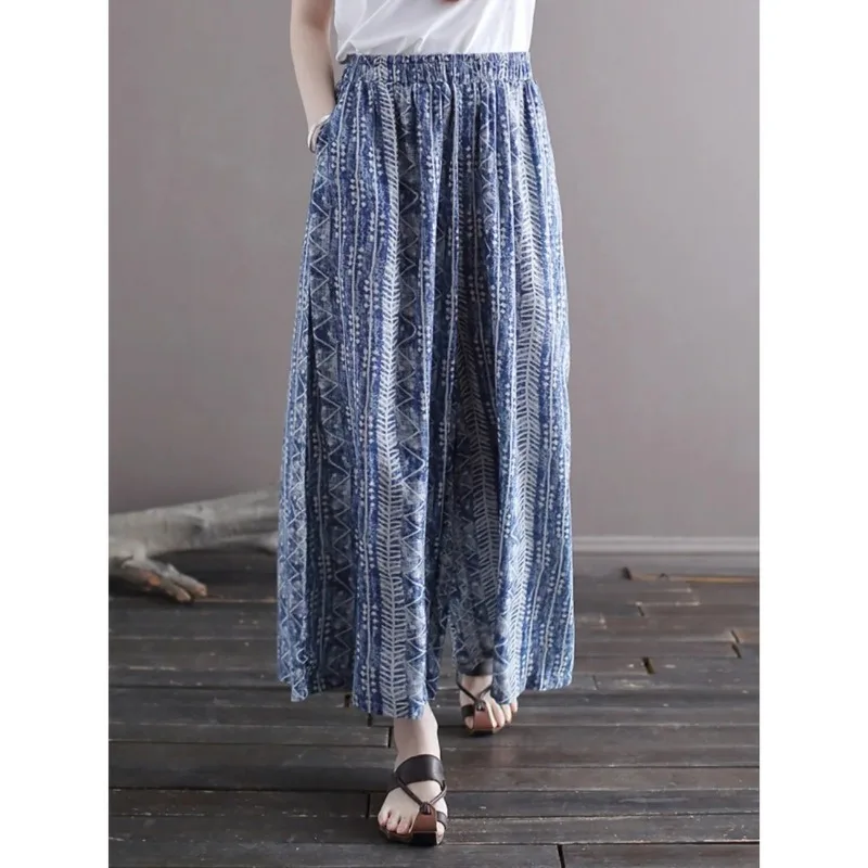 

Women's Blue Geometric Print Wide Leg Pants Elastic Waist Pocket Casual Loose Fit Summer Trousers