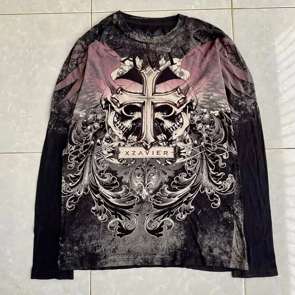 European and American Men's Autumn Fashion Skull Wing Print Comfortable Soft Long Sleeved T-Shirt Outdoor Street Style Top