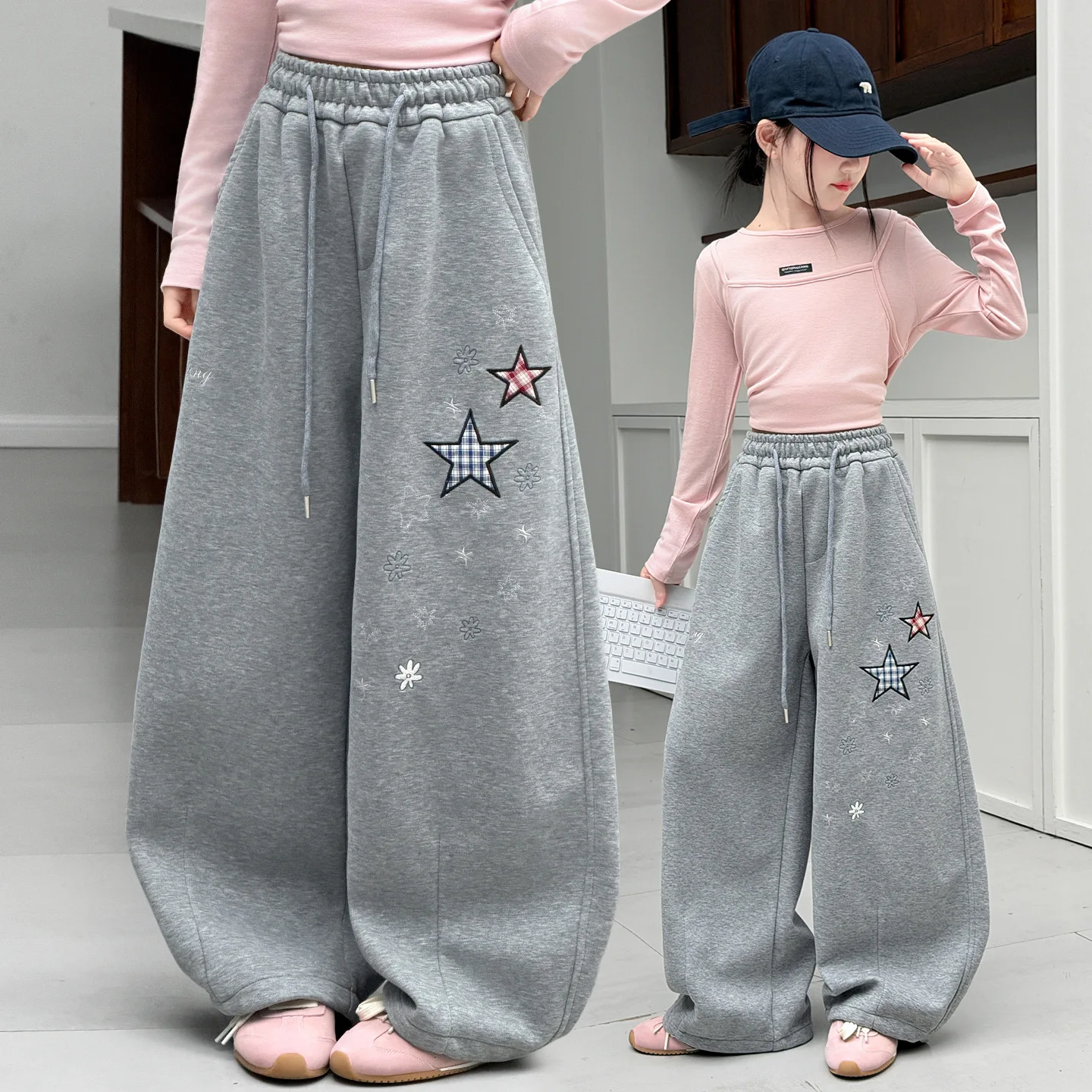 Girls Stylish Pants With Flower Embroidery For Children High Fashion Tousers Kids Loose Casual Streetwear Sweatpants Track Pants