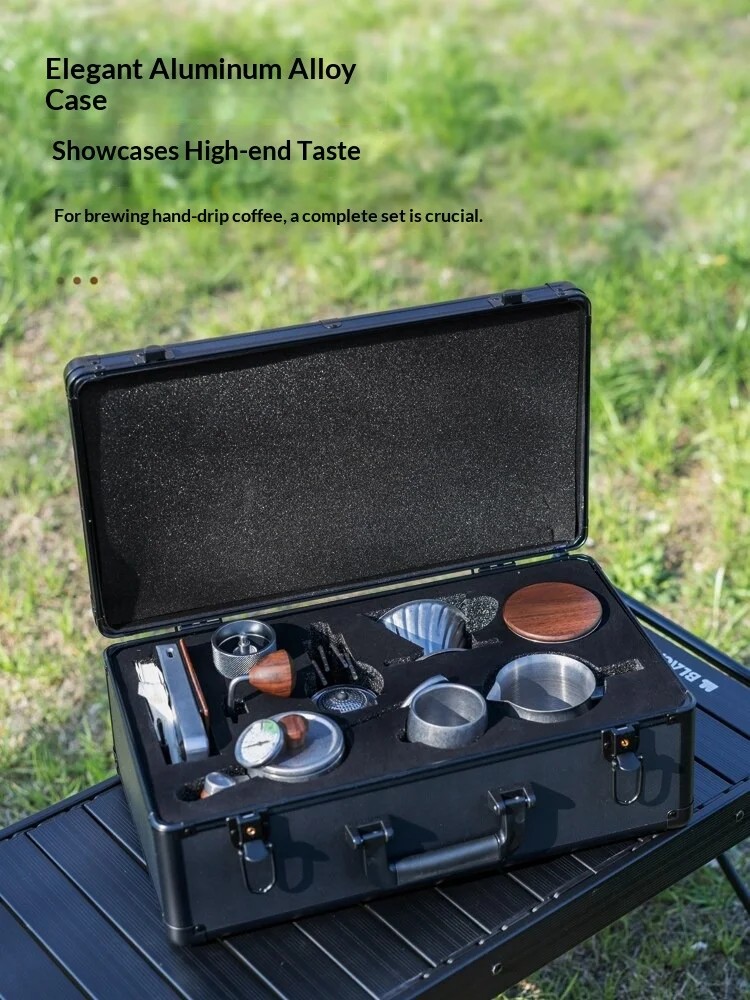 Cafetera de goteo manual para viajes y camping, personalizable a cualquier tamaño, estilo vintage, con accesorios completos, de acero inoxidable grueso y estuche de transporte de aluminio sellado.