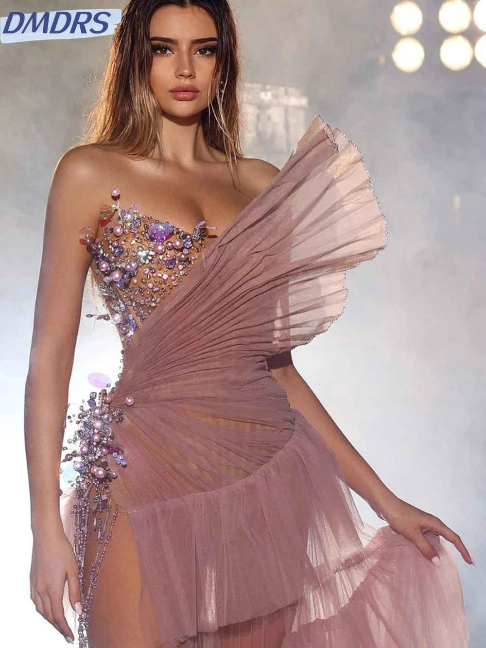 Sexy Strapless Illusion Prom Dress Sparkly Pearls Crystal Cocktail Gown Classic Tulle A-line Long Evening Dress Robe De Mariée