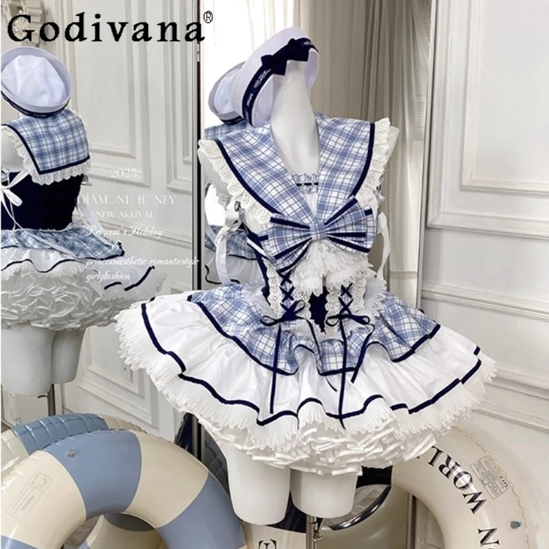 ชุดเดรสชายหาดสําหรับผู้หญิงฤดูร้อนใหม่สาวหวานน่ารัก Kawaii วันหยุดชุด Navy COLLAR Lolita สั้นชุด Vestidos Mujer