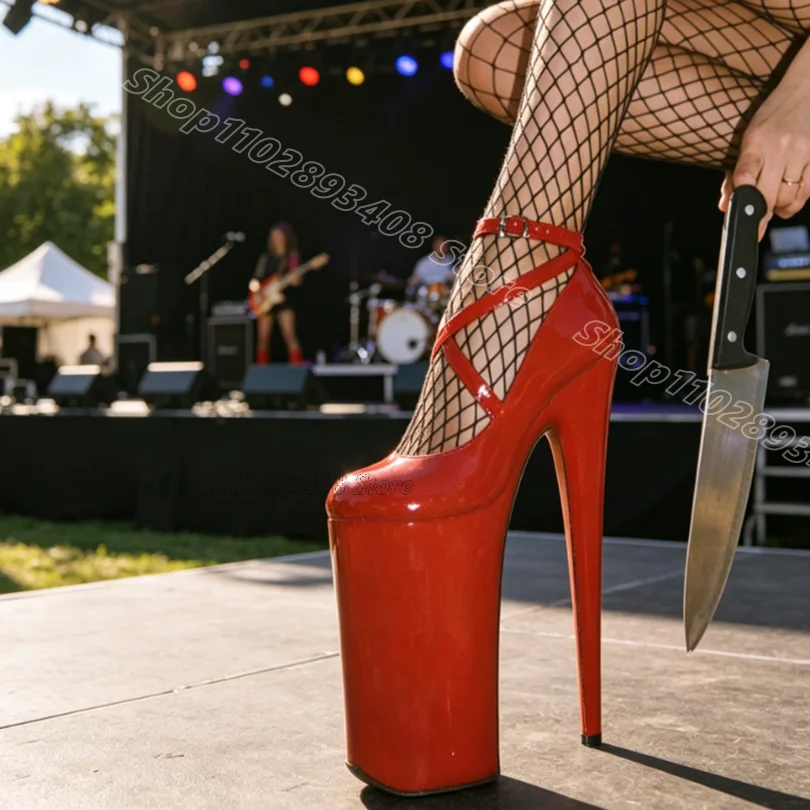 Red Platform Leather 26CM Pumps Stiletto Round Toe Ankle Buckle New Stylish Summer Women Dancing Sexy Shoes Zapatos Para Mujere
