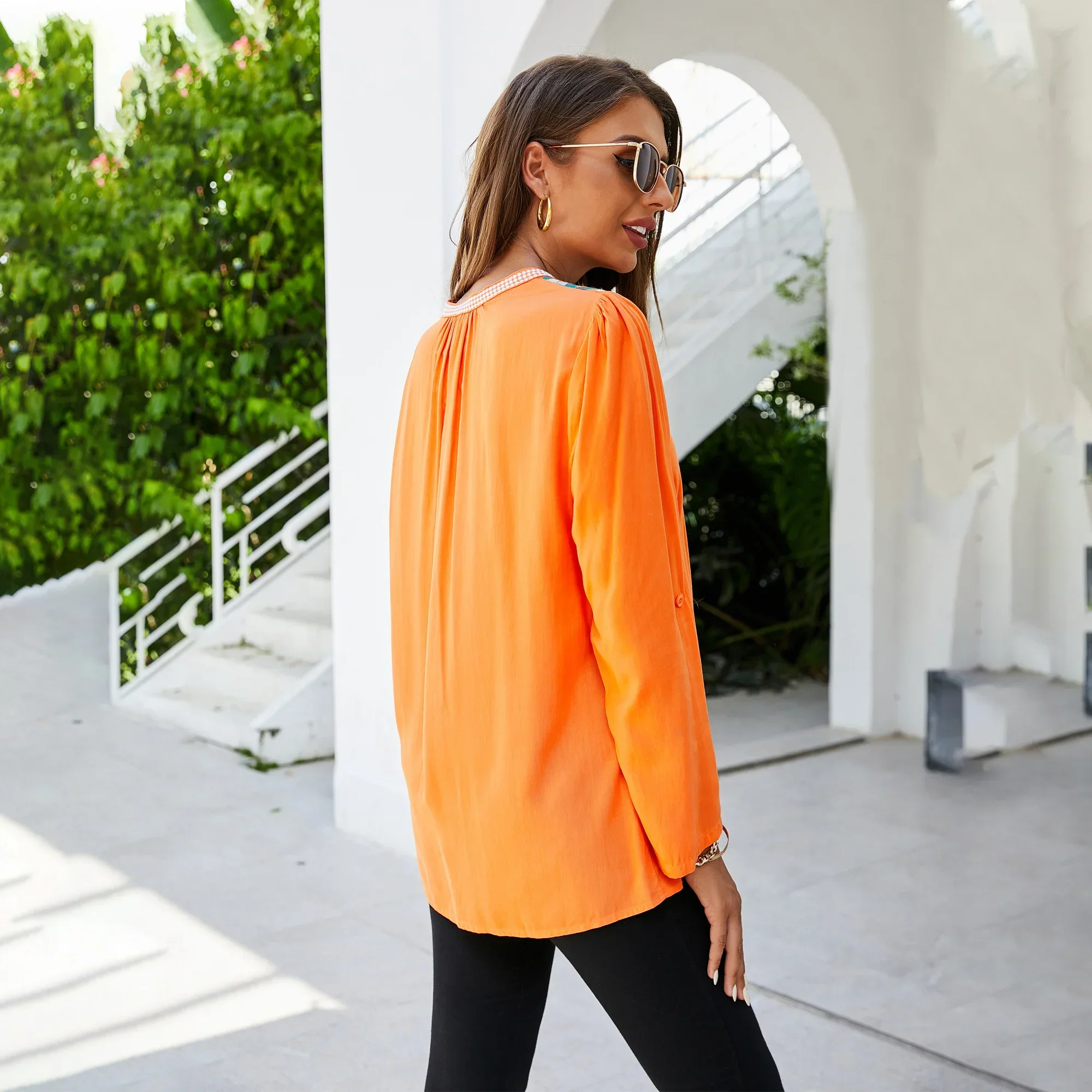 Summer Top Floral Embroidery Top Orange Cotton Autumn Bohemian Mexican Top Women's Long Sleeved T-shirt