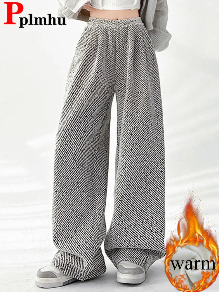 

Korean Fashion Loose Thicken Straight Pants Winter Warm Elastic High Waist Velvet Lined Wide Leg Pantalones Women Casual Calca