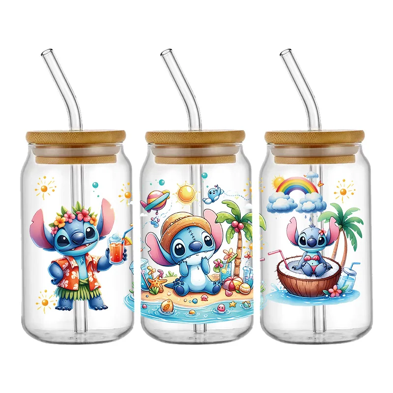 Stitch 16oz UV DTF Cup Wrap Libbey Glass Beer Can tumbler Transfer Stickers Waterproof Permanent Adhesive Spring Flower Cartoon