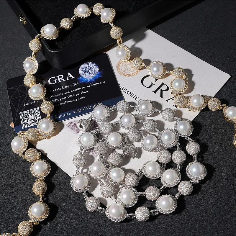 

New 10mm Pearl Necklace Bracelet Set With Moissanite On Sterling Silver 925. Men Trendy Hip-hop Accessory